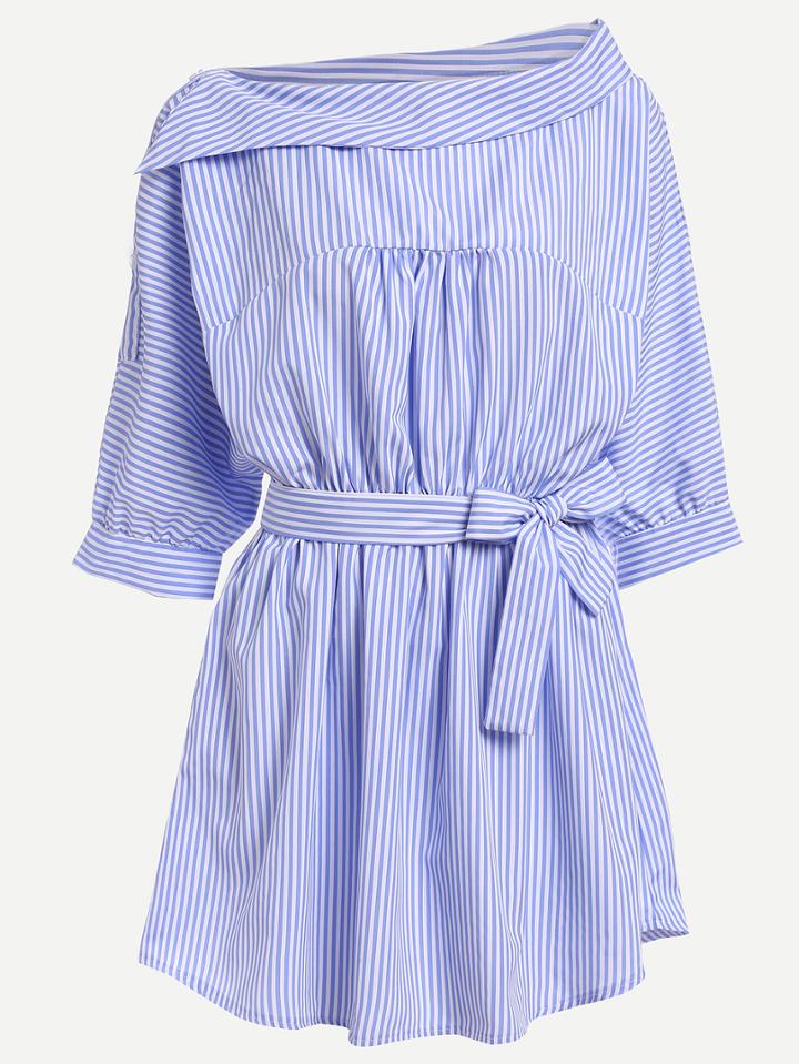 Shein Self-tie Fold Collar Vertical Striped Dress - Blue