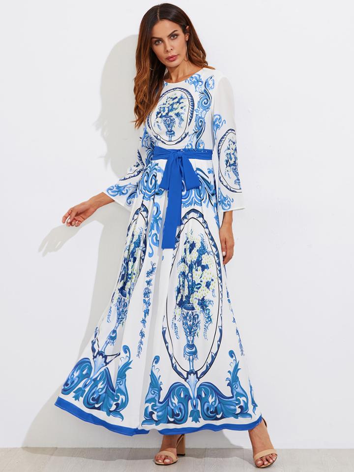 Shein Retro Print Self Tie Box Pleated Hijab Evening Dress
