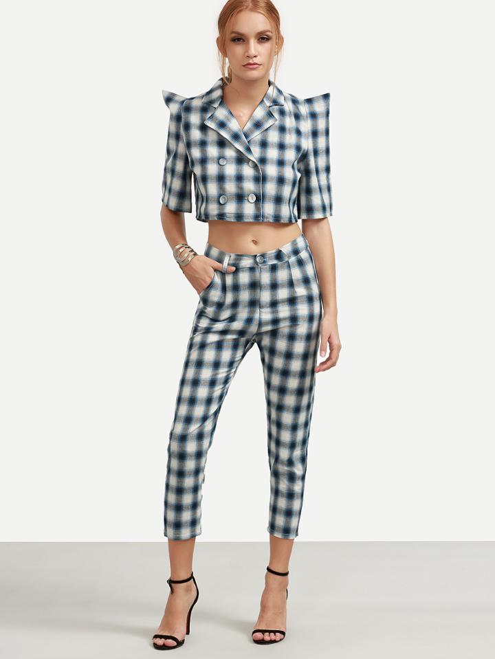 Shein Plaid Double Breasted Crop Top With Pants