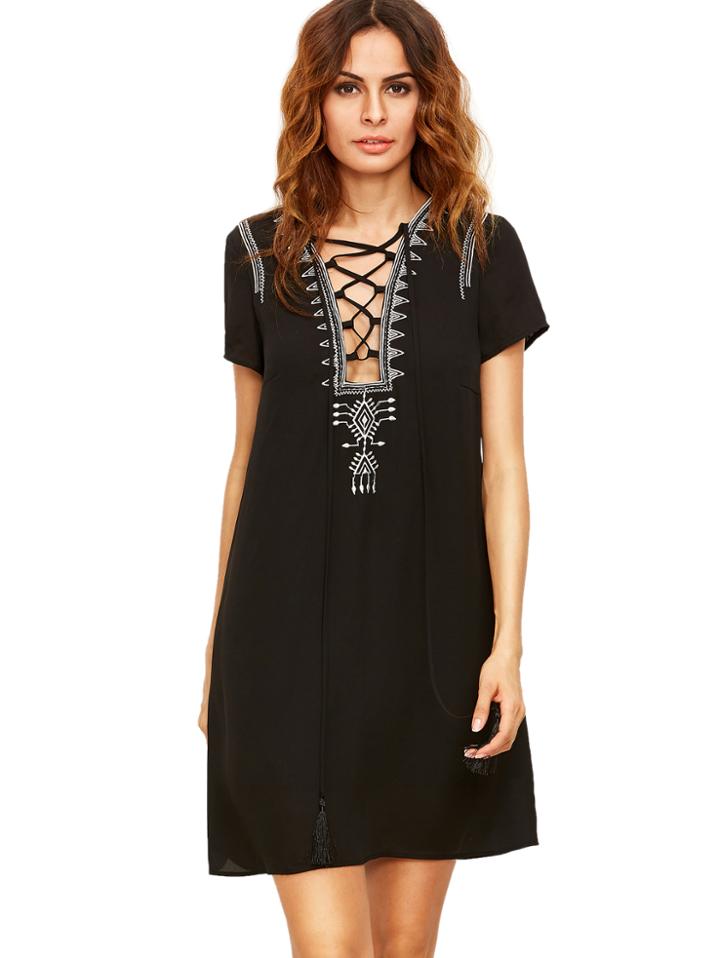 Shein Black Lace Up Print Front Shift Dress