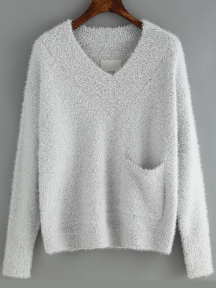 Shein Light Blue V Neck Pocket Crop Sweater