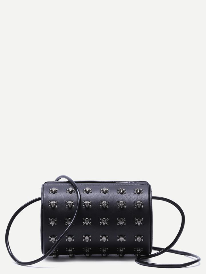 Shein Black Metallic Skull Embellished Pu Barrel Bag
