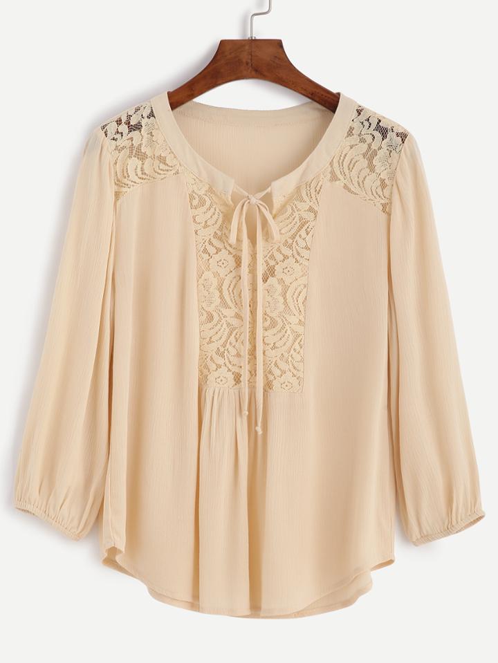 Shein Apricot Lace Panel Tie Neck Blouse