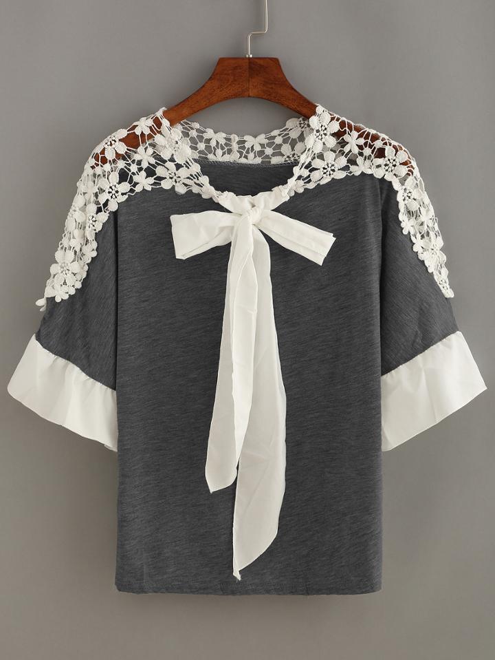 Shein Crochet Shoulder Bow Tie Neck Top