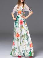 Shein Multicolor Round Neck Half Sleeve Contrast Gauze Print Dress