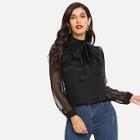 Shein Contrast Mesh Tie Neck Blouse