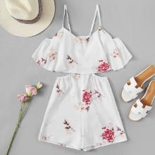 Shein Floral Print Open Waist Cami Romper