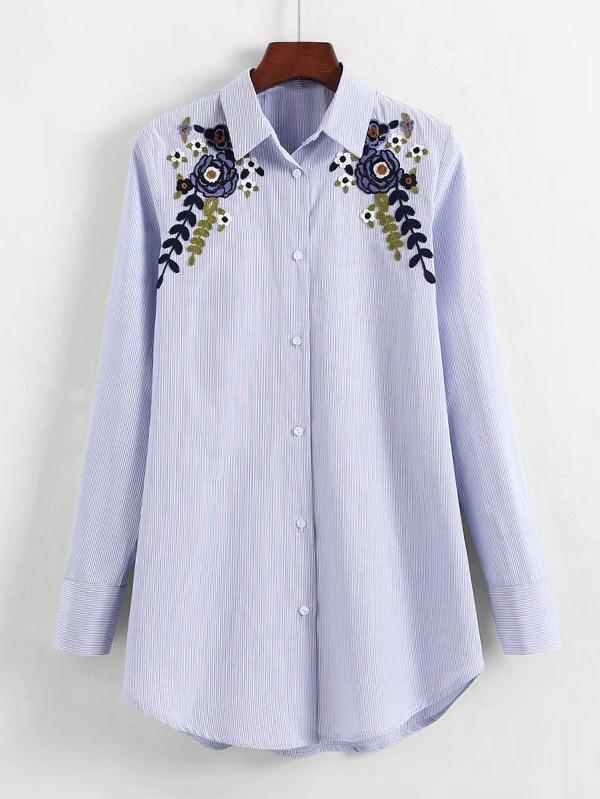 Shein Flower Embroidery Longline Striped Blouse