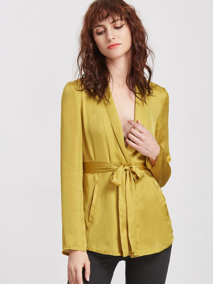 Shein Yellow Shawl Collar Pocket Front Belted Blazer