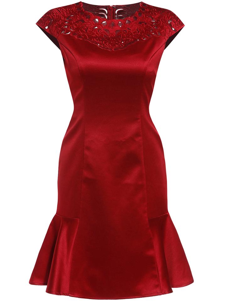 Shein Red Round Neck Cap Sleeve Hollow Ruffle Dress