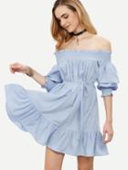 Shein Blue Off The Shoulder Tie Waist Ruffle Dress