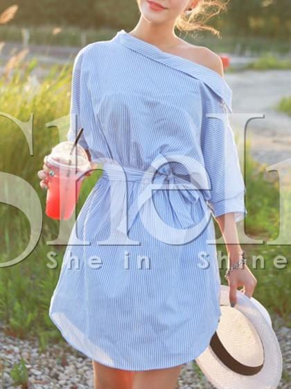 Shein Blue Half Sleeve Off The Shoulder Striped Dress
