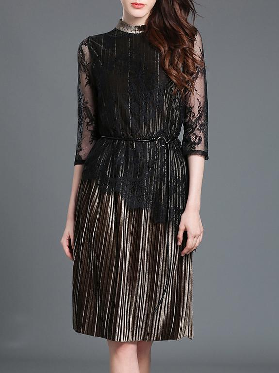 Shein Black Sheer Tie-waist Pleated Lace Dress