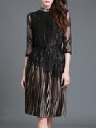 Shein Black Sheer Tie-waist Pleated Lace Dress