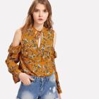 Shein Tie Neck Cold Shoulder Ruffle Botanical Top
