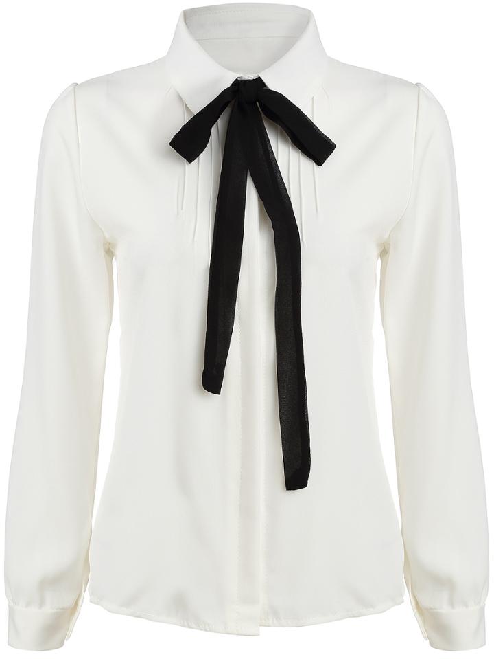 Shein White Tie-neck Long Sleeve Slim Blouse