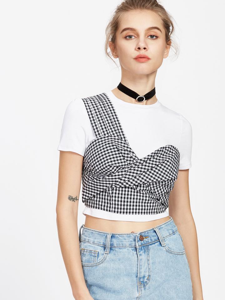 Shein One Shoulder Twist Front Crop Checkered Top