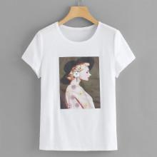 Shein Girl Print Flower Applique Tee