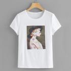 Shein Girl Print Flower Applique Tee