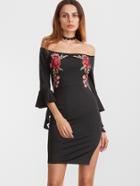 Shein Black Embroidered Rose Applique Off The Shoulder Ruffle Sleeve Dress