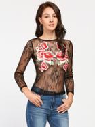 Shein Embroidered Flower Patch Lace Top