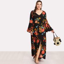 Shein Plus Flower Print Trumpet Sleeve Jumpsuit