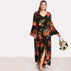 Shein Plus Flower Print Trumpet Sleeve Jumpsuit