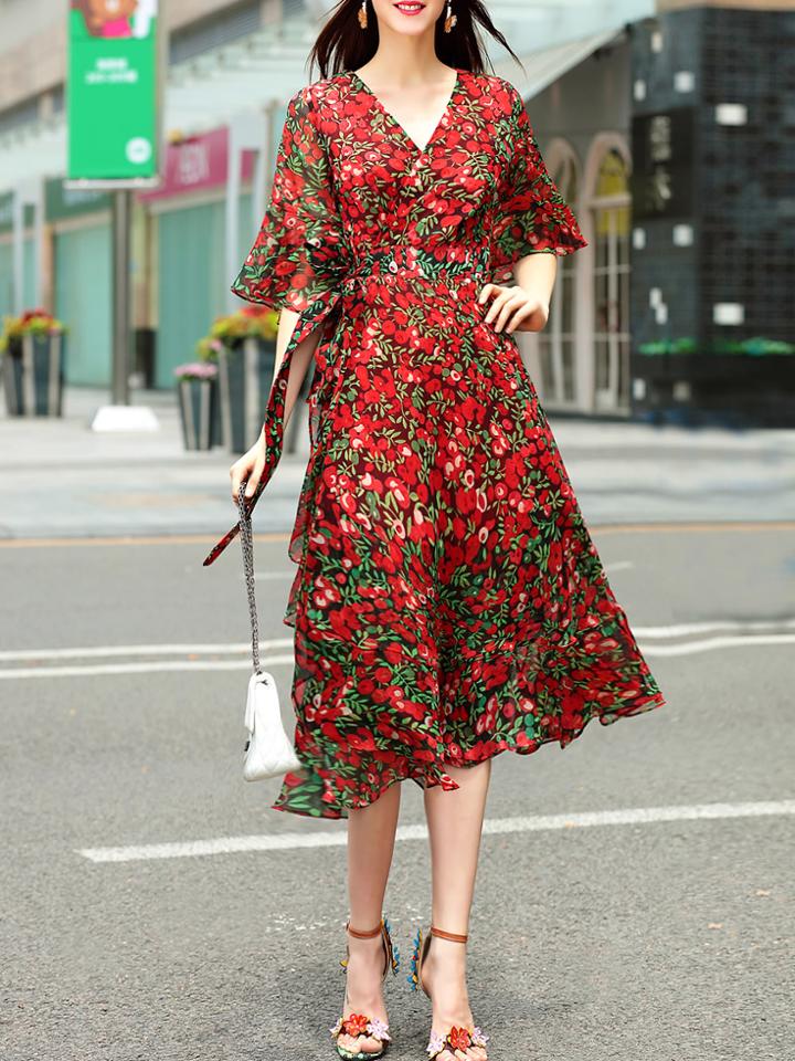 Shein V Neck Bell Sleeve Floral Dress