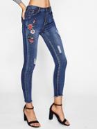 Shein Flower Embroidered Ripped Frayed Hem Jeans