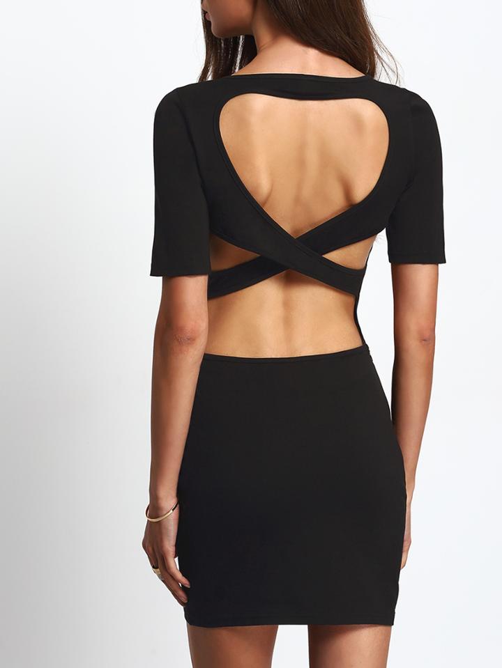 Shein Black Round Neck Short Sleeve Crisscross Backless Bodycon Dress