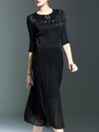 Shein Black Round Neck Half Sleeve Pleated Lace Dress