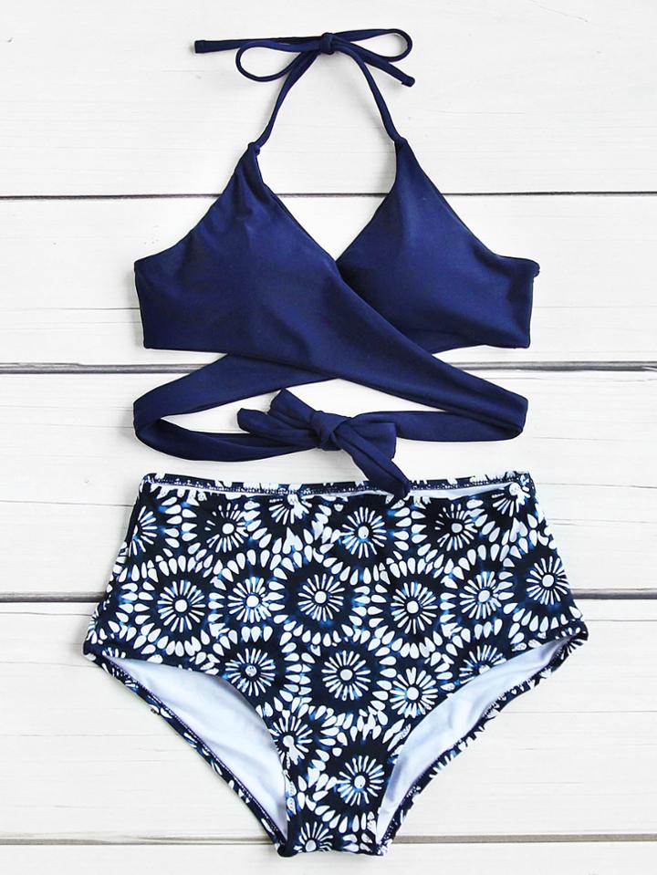 Shein Calico Print Wrap High Waist Bikini Set