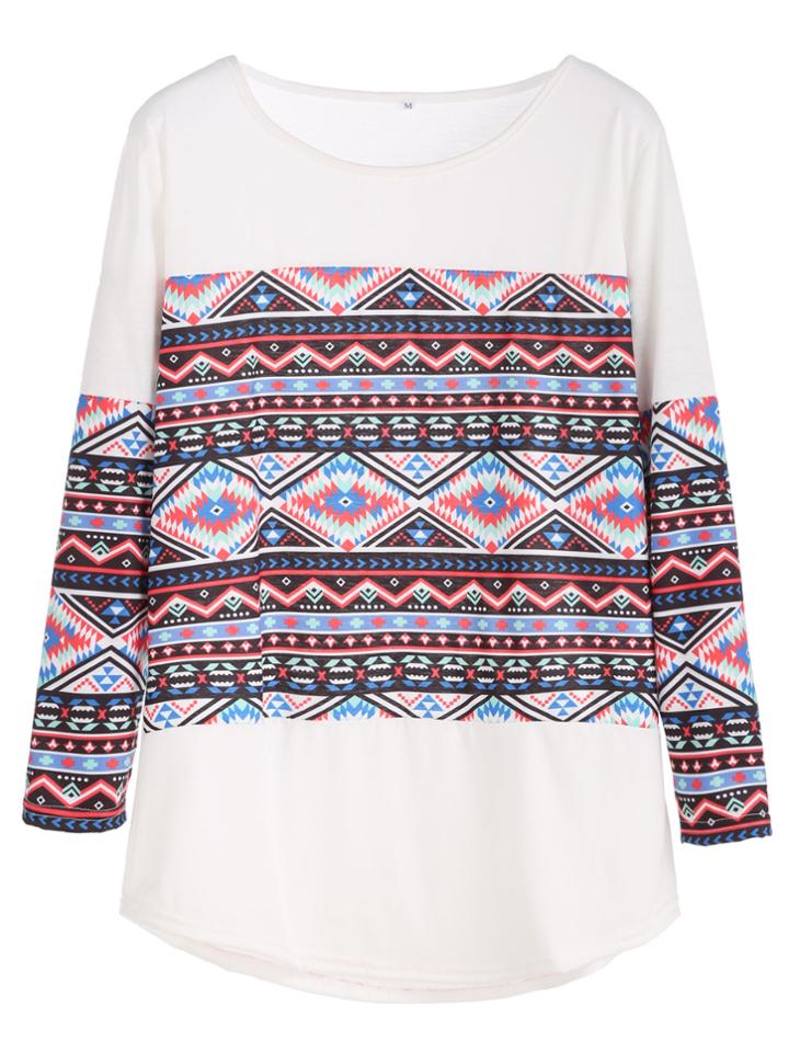 Shein White Folk Print Curved Hem T-shirt