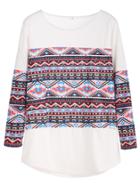 Shein White Folk Print Curved Hem T-shirt