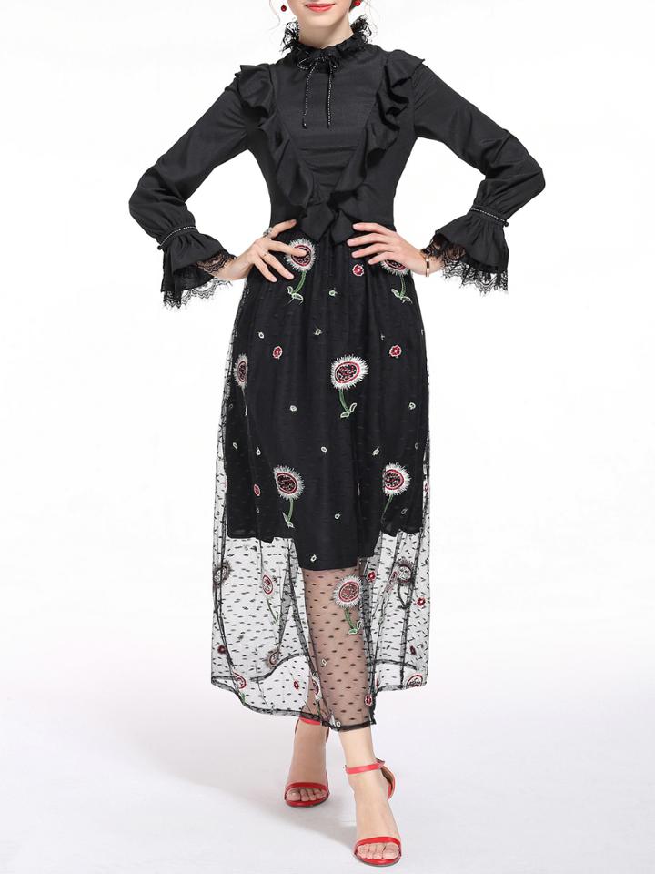 Shein Black Ruffle Bell Sleeve Gauze Embroidered Dress