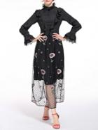 Shein Black Ruffle Bell Sleeve Gauze Embroidered Dress