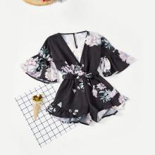Shein Girls Bell Sleeve Ruffle Hem Floral Romper
