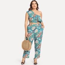 Shein Plus Ruffle Embellished One Shoulder Floral Top & Pants Set