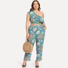 Shein Plus Ruffle Embellished One Shoulder Floral Top & Pants Set