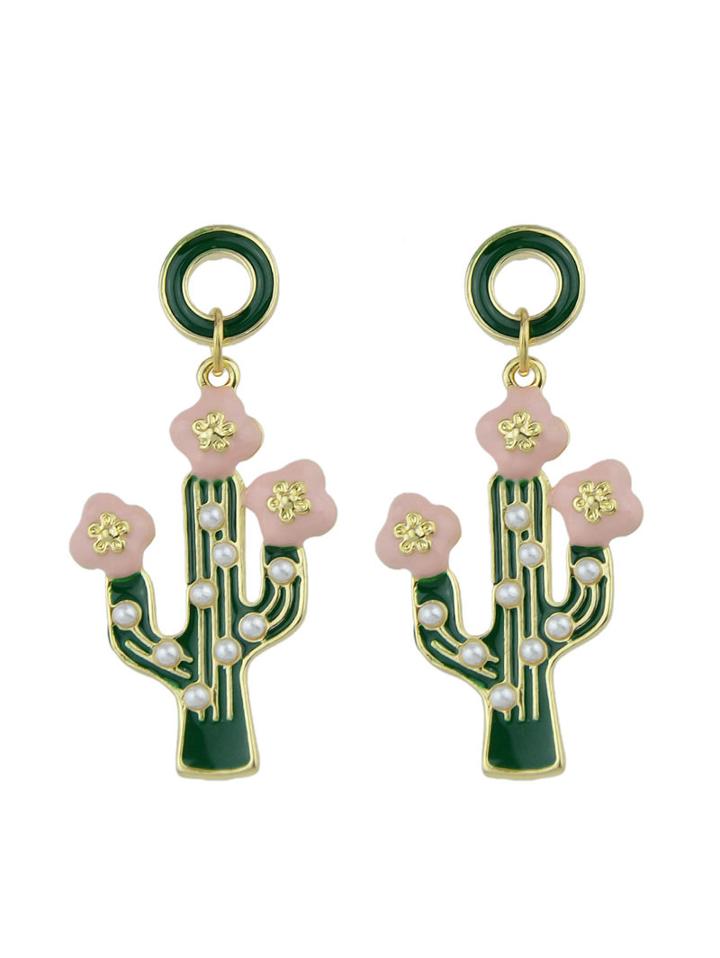 Shein Green Color Cactus With Pearl With Pink Flower Earrings