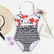 Shein Flower Print Striped Swimsuit