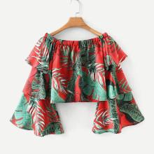 Shein Foliage Print Tiered Ruffle Sleeve Top