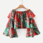Shein Foliage Print Tiered Ruffle Sleeve Top