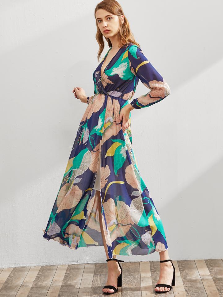 Shein Surplice Neckline Jungle Print Chiffon Dress