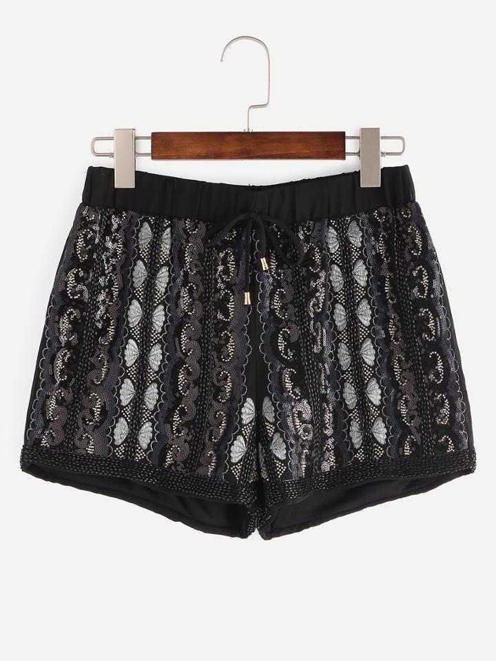 Shein Drawstring Waist Embroidered Sequin Shorts