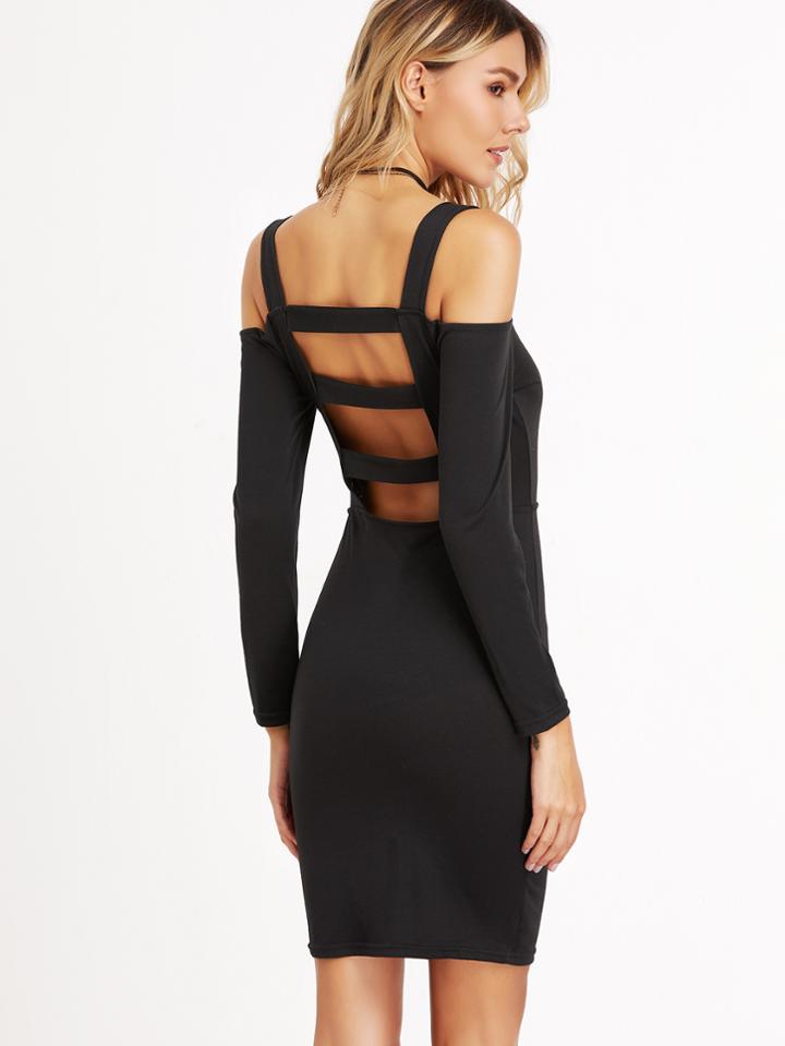 Shein Black Cold Shoulder Cut Out Back Sheath Dress