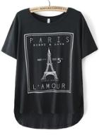 Shein Black Eiffel Tower Print Dip Hem T-shirt