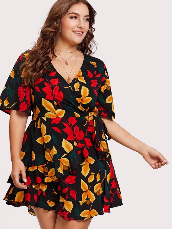 Shein Leaf Print Frilled Wrap Dress