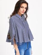 Shein Band Collar Vertical Striped Tie Sleeve Blouse