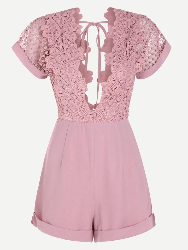 Shein Plunging V-neckline Contrast Lace Playsuit